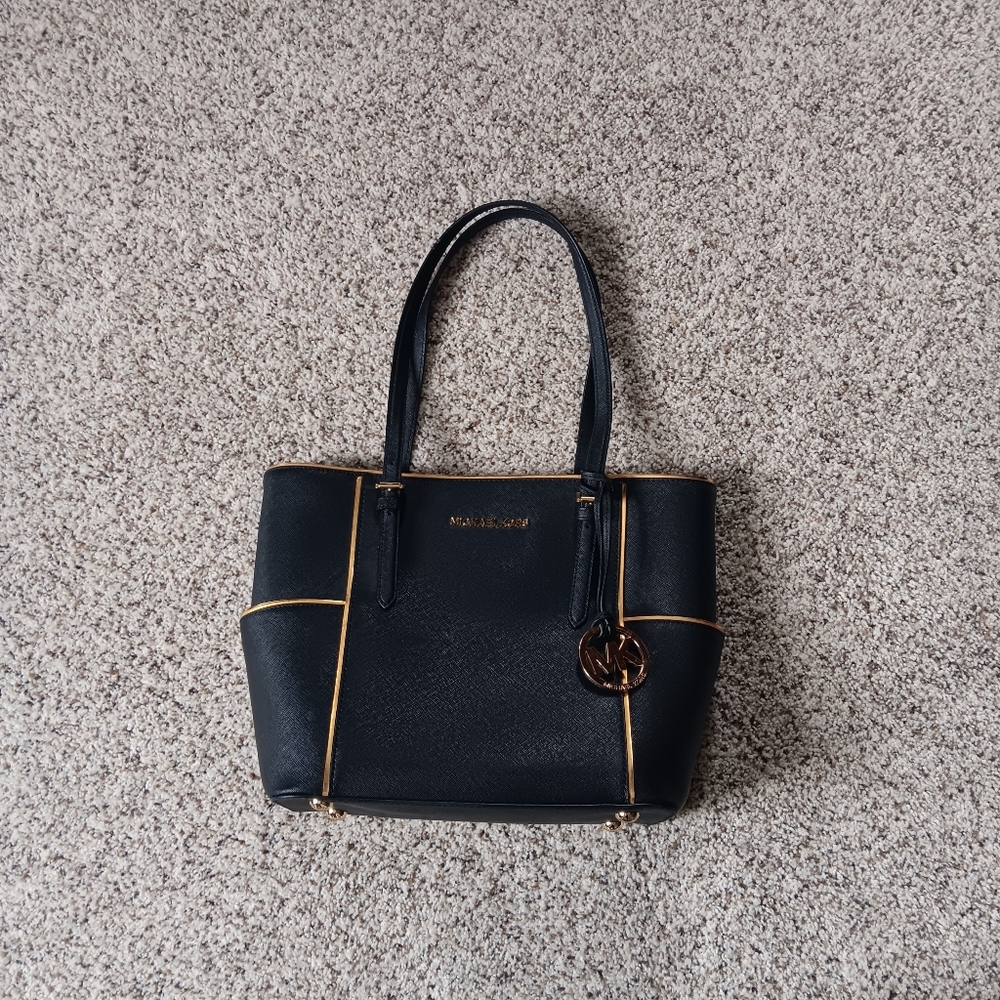Michael Kors Black With Gold Trim Jet Set Tote Bag